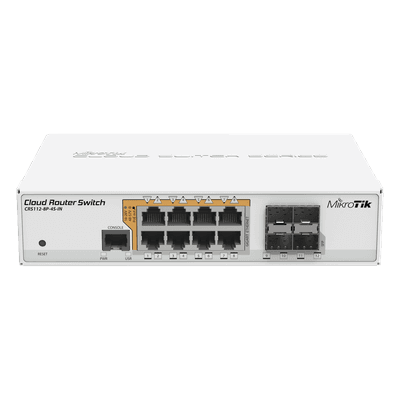 Cloud Router Switch Administrable L3, 8 puertos 10/100/1000 Mbps c/PoE Pasivo ó 802.3af/at, 4 Puertos SFP, vista 1