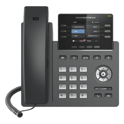Teléfono IP Grado Operador, 3 líneas SIP con 6 cuentas, puertos Gigabit,PoE,  pantalla a color 2.4", codec Opus, IPV4/IPV6 con gestión en la nube GDMS, vista 1