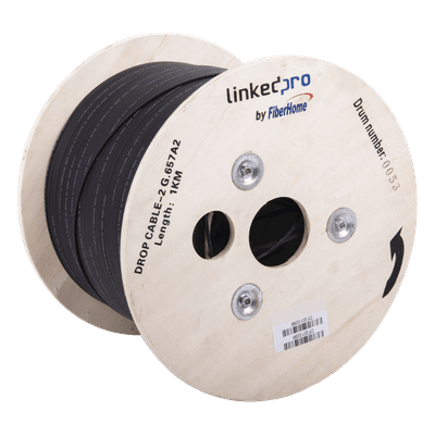 Carrete de 1 km de Fibra Óptica Drop, Interior/Exterior G.657A2 Monomodo de 2 hilos (bifibra), Dieléctrica, Forro Negro