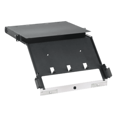 Panel de Distribución de Fibra Óptica, Acepta 4 Placas FAP o FMP, Bandeja Deslizable e Inclinable Hacia Abajo, Hasta 96 Fibras, Color Negro, 1UR, vista 1