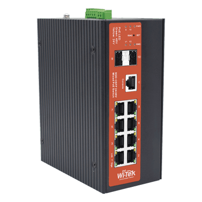Switch Industrial administrable con 2 puertos PoE bt y 6 puertos Gigabit Ethernet con PoE 802.3af/at y 24V Pasivo + 2 SFP Gigabit, 240 W, vista 1