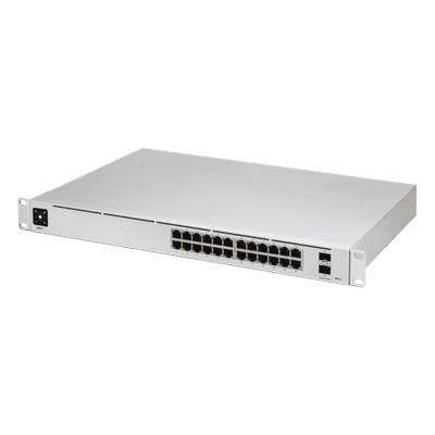 UniFi Switch USW-Pro-24, Capa 3 de 24 puertos Gigabit RJ-45 + 2 puertos 1/10G SFP+, pantalla informativa, vista 1