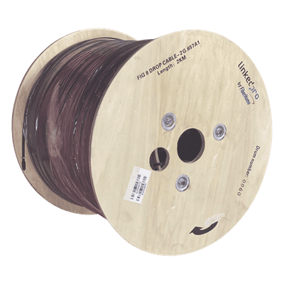 Carrete de 2 km de Fibra Óptica Aérea Mini Figura 8 G.657A1 tipo Drop, Monomodo de 2 Hilos (bifibra), Diseñada para Fusionarse, Color Negro, Span 80, (No Soporta Conectores Mecánicos), vista 1