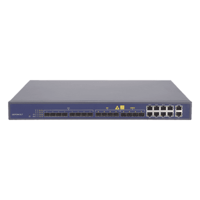 OLT de 8 puertos EPON con 16 puertos Uplink (8 puertos Gigabit Ethernet + 4 puertos SFP + 4 puertos SFP+), hasta 512 ONUs, vista 1