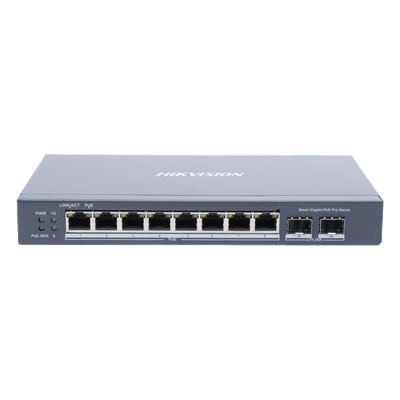 Switch Gigabit PoE+ / Administrable / 8 puertos 10/100/1000 Mbps PoE+ / 2 puertos SFP / configuración remota desde Hik-ProConnect / PoE hasta 250 metros / 110 W, vista 1