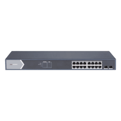 Switch Gigabit PoE+ / Administrable / 16 puertos 10/100/1000 Mbps PoE+ / 2 puertos SFP / configuración remota desde Hik-ProConnect / PoE hasta 250 metros / 225 W, vista 1