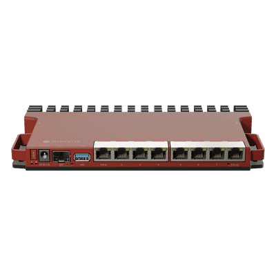 Router Board, 8 Puertos Gigabit + 1 puerto PoE-Out Pasivo, 1 Puerto SFP, Licencia Nivel 5 y montaje en Rack, vista 1