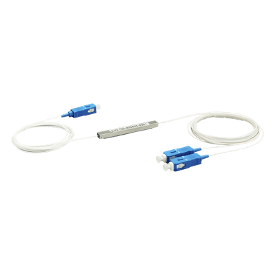 Splitter (Divisor Óptico) tipo PLC, de 1x2, conectores SC/UPC, vista 1