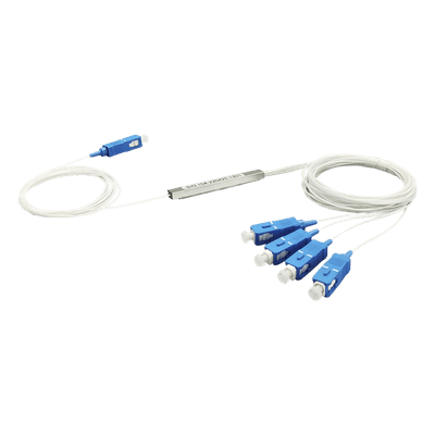 Splitter (Divisor Óptico) tipo PLC, de 1x4, conectores SC/UPC, vista 1