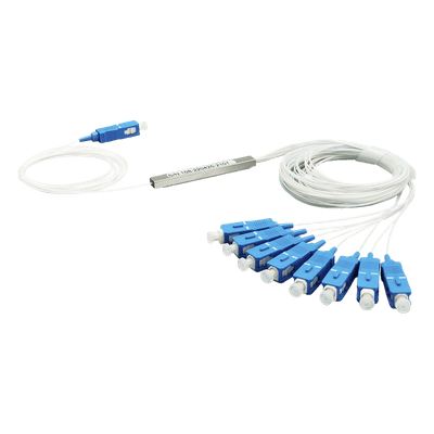 Splitter (Divisor Óptico) tipo PLC, de 1x8, conectores SC/UPC, vista 1