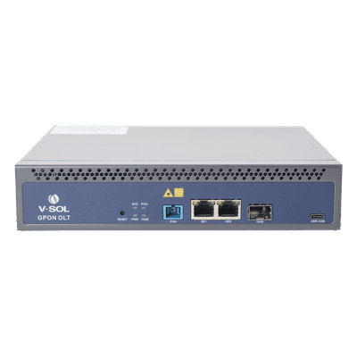 OLT de 1 Puerto GPON con 3 puertos Uplink (2 puertos Gigabit Ethernet + 1 puerto SFP/SFP+) hasta 128 ONU/ONT, vista 1