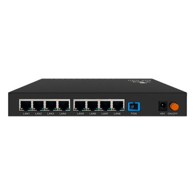 ONU Bridge PoE G/EPON + 1 Puerto SC/UPC + 8 puertos Gigabit con salida PoE/PoE+, vista 1