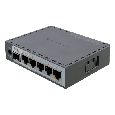 Router hEX S / 5 Puertos Gigabit Ethernet / 1 Puerto SFP 2.5G / Dual-Core ARM / 512 MB RAM / RouterOS V7 / PoE-In y PoE-Out / Montaje en Pared, vista 1