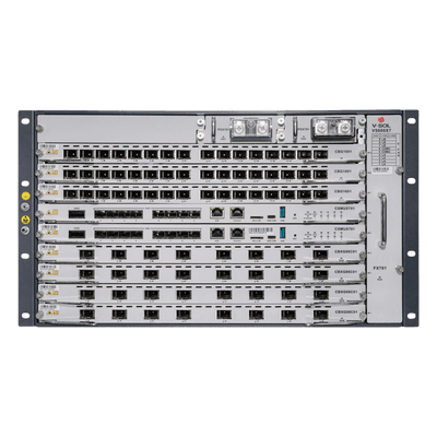 OLT Modular tipo Chasis Serie V5600X7 GPON/XGS-PON Combo, 7 Ranuras de Servicio Incluye 1 tarjeta de 16 puertos GPON con Módulos, 2 Fuentes de alimentación DC, 1 Tarjeta de Control-UpLink, 6 UR