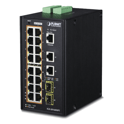 Switch Industrial Administrable 16 puertos 10/100/1000 T 802.3at PoE + 2 Puertos 10/100/1000 T + 2 puertos 100/1000 X SFP, vista 1