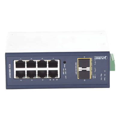 Switch Industrial Administrable Capa 2, 8 Puertos 10/100/1000T, 2 Puertos SFP 1G / 2.5 G BASE X, vista 1