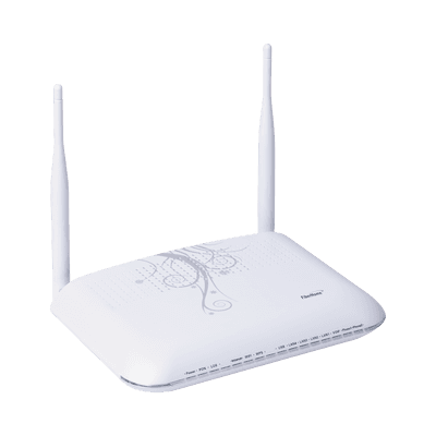 ONU GPON, WiFi 2.4 GHz, MIMO 2X2, 4 Puertos Gigabit Ethernet, conector SC/UPC, vista 1