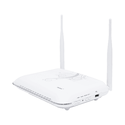 ONU GPON con 4 puertos Gigabit Ethernet + 2 POTS + 1 USB + 1 CATV (RF) + WiFi 2.4 GHz, conector SC/APC, vista 1