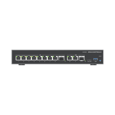 Router VPN, firewall de próxima generación, central IP PBX y switch PoE en un solo equipo, con 10 puertos Gigabit Ethernet, 2 puertos SFP de 2.5 Gbps, vista 1