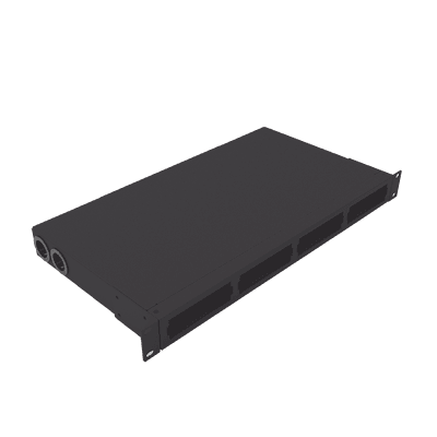 Distribuidor de fibra óptica vacio 19in, Acepta 4 placas Acopladoras de Linkedpro, hasta 48 fibras, 1UR, Incluye charola de empalme, vista 1