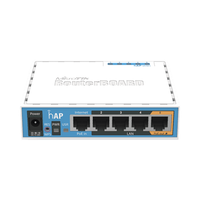 (hAP) 4 Puertos Fast Ethernet y Wi-Fi 2.4 GHz 802.11 b/g/n, Puerto USB, PoE in/out, vista 1