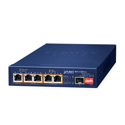 Switch PoE híbrido solar de 5 puertos con 1 puerto SFP 1000X, vista 1