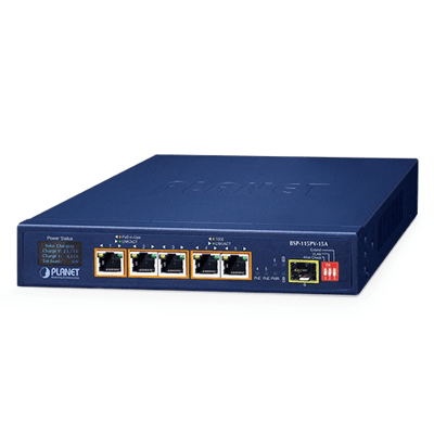 Switch PoE solar de 5 puertos con PoE+ 802.3at, 1 puerto SFP 1000X y pantalla LCD, vista 1