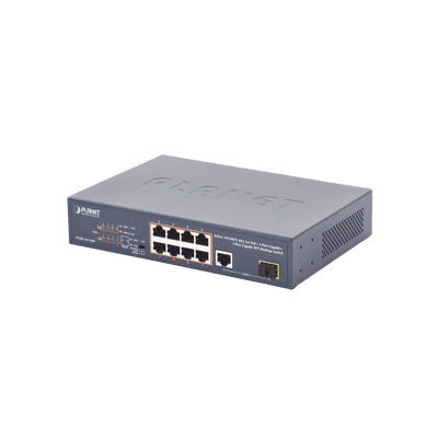 Switch no Administrable 8 puertos 10/100 c/ PoE, 1 puerto Uplink 10/100/1000 y 1 SFP 100/1000 para escritorio, vista 1
