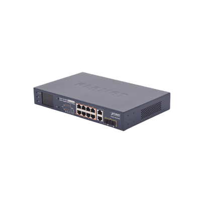 Switch PoE+ / distancia 250 metros / 8 puertos + 2 combo TP/SFP gigabit y pantalla LCD para monitoreo, vista 1
