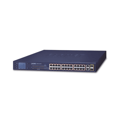 Switch No Administrable de 24 Puertos PoE 10/100TX 802.3af/at, 2 Combo TP/SFP Gigabit y Pantalla LCD para Monitoreo y Configuración Básica de PoE, Hasta 300 Watts, vista 1