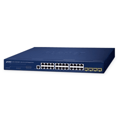 Switch gestionado L2/L4 de 24 puertos Gigabit RJ45 y 4 ranuras SFP 1G/2.5G, montaje en rack 1U, vista 1