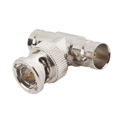 Adaptador en T para 50 Ohm de BNC Macho a Doble BNC Hembra, Maquinado, Níquel/ Oro/ Teflón., vista 1