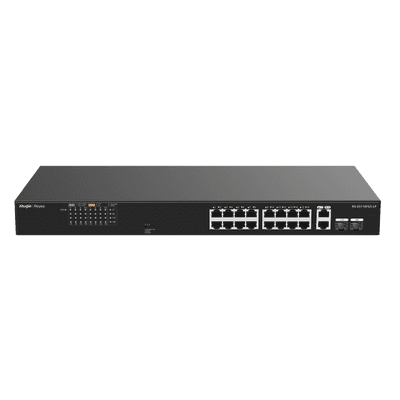 Switch PoE no administrable de 16 puertos 10/100 Mbps con 2 puertos Gigabit, visible en Ruijie Cloud, con un diseño de alta calidad y un presupuesto de PoE de 120 W, vista 1