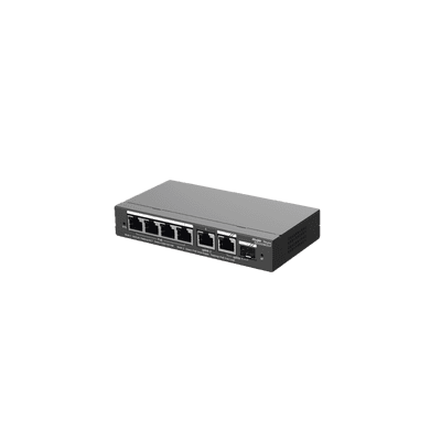 Switch Administrable, 6 Puertos Gigabit, 4 Puertos PoE+ 802.3af/at Gigabit, 1 Puerto Gigabit Uplink, 1 Puerto Combo SFP Uplink, Gestión Gratuita desde la Nube,  54W, vista 1