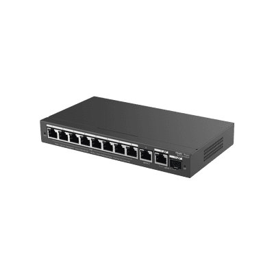 Switch Administrable PoE con 8 Puertos Gigabit PoE 802.3af/at + 1 Puerto Uplink Gigabit + 1 Puerto Combo SFP/RJ45 Gigabit, Gestión Gratuita desde la Nube, 120W, vista 1