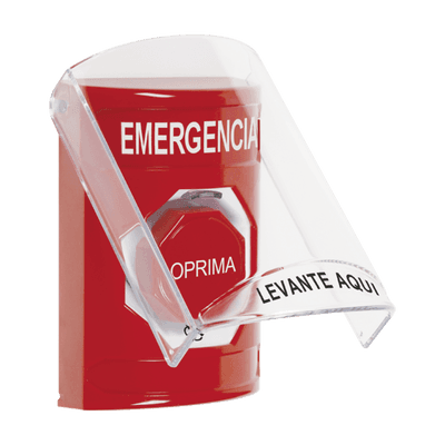 Botón Rojo de Emergencia en Español con Tapa Protectora de Policarbonato Súper Resistente, Acción Mantenida, Girar para Restablecer, vista 1