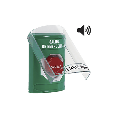 Botón de Salida de Emergencia en Español con Tapa Protectora de Policarbonato Súper Resistente, Acción Mantenida, Girar para Restablecer y Sirena, vista 1