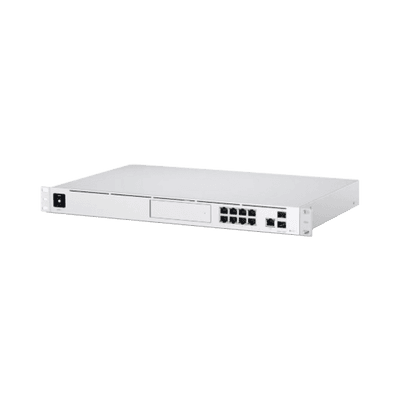 UniFi Dream Machine Pro, con un puerto 10G SFP+ WAN / 1 GbE WAN / 8 puertos 10/100/1000 Mbps RJ-45 LAN, y una bahía de HDD 3.5", integra todos los controladores UniFi