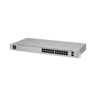 UniFi Switch USW-24, Capa 2 de 24 puertos 10/100/1000 Mbps + 2 puertos 1G SFP, pantalla informativa, vista 1