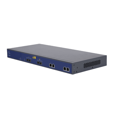 OLT de 2 puertos EPON con 4 puertos Uplink (2 puertos Gigabit Ethernet + 2 puertos SFP), hasta 128 ONUs, vista 1