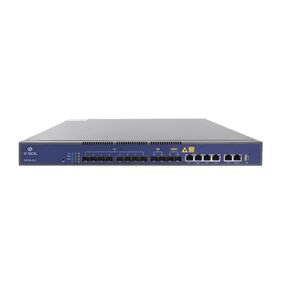 OLT de 8 puertos GPON con 8 puertos Uplink (4 puertos Gigabit Ethernet + 2 puertos SFP + 2 puertos SFP+), hasta 1024 ONUs, vista 1