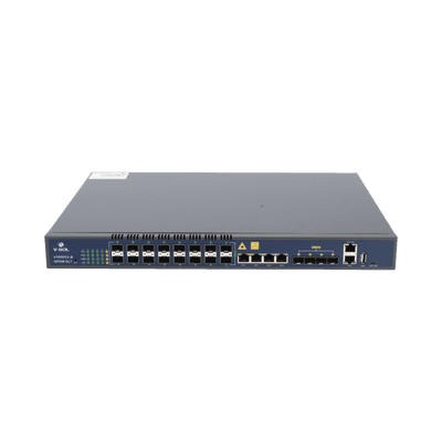 OLT de 16 puertos GPON con 8 puertos Uplink (4 puertos Gigabit Ethernet + 4 puertos SFP / puertos SFP+), hasta 2,048 ONUs, vista 1