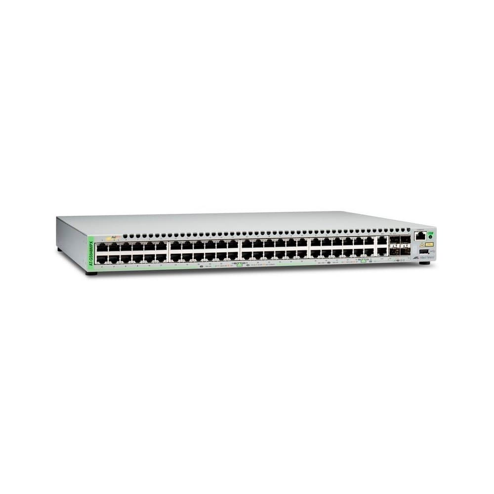 Switches Allied telesis Gigabit Ethernet Managed switch with 48 10/100/1000T POE ports, 2 SFP/Copper combo ports, 2 SFP/SFP+ uplink slots, single fixed AC power supply US Power Cord, vista 1