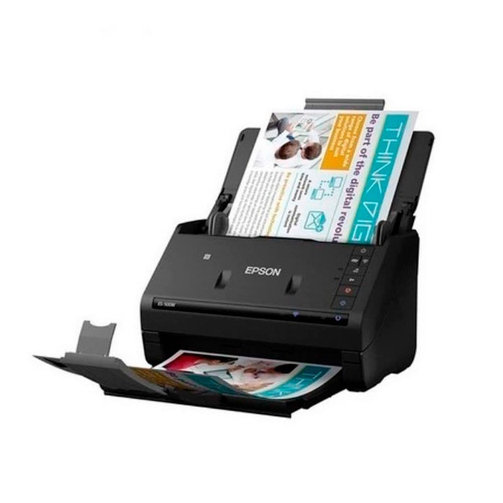 Escáner Epson ES-500w vertical con WIFI/Tamaños de Documento: (A4) Max:21,6*609,6cm Min: 5*5 cm/velocidad: 300 dpi(color/B&N) 35 ppm/70 ipm (Dúplex) ADF hasta 50 paginas/ ciclo diario 4,000 paginas, vista 1