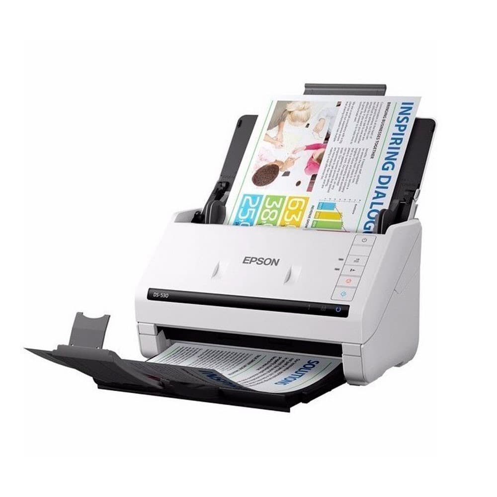 Escáner Epson WorkForce DS-530 Vertical /Tamaños de Documento: (A4) Máx.21.6x609.6 cm Mín.5x5 cm color negro/velocidad: 300dpi 35 ppm/70ipm (Dúplex) /ADF hasta 50 paginas/ ciclo diario 4,000 paginas, vista 1