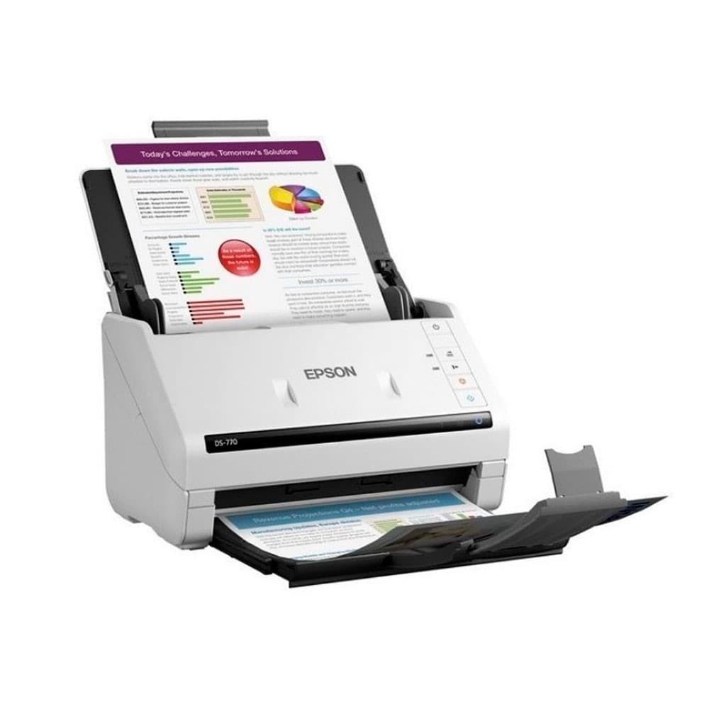 Escáner Epson WorkForce DS-770 vertical/Tamaños de Documento: (A4) Máx.21.6x609.6 cm Mín.5x5 cm color negro/velocidad: 300dpi 45 ppm/90 ipm (Dúplex) /ADF hasta 100 paginas/ciclo diario hasta 5,000 paginas, vista 1