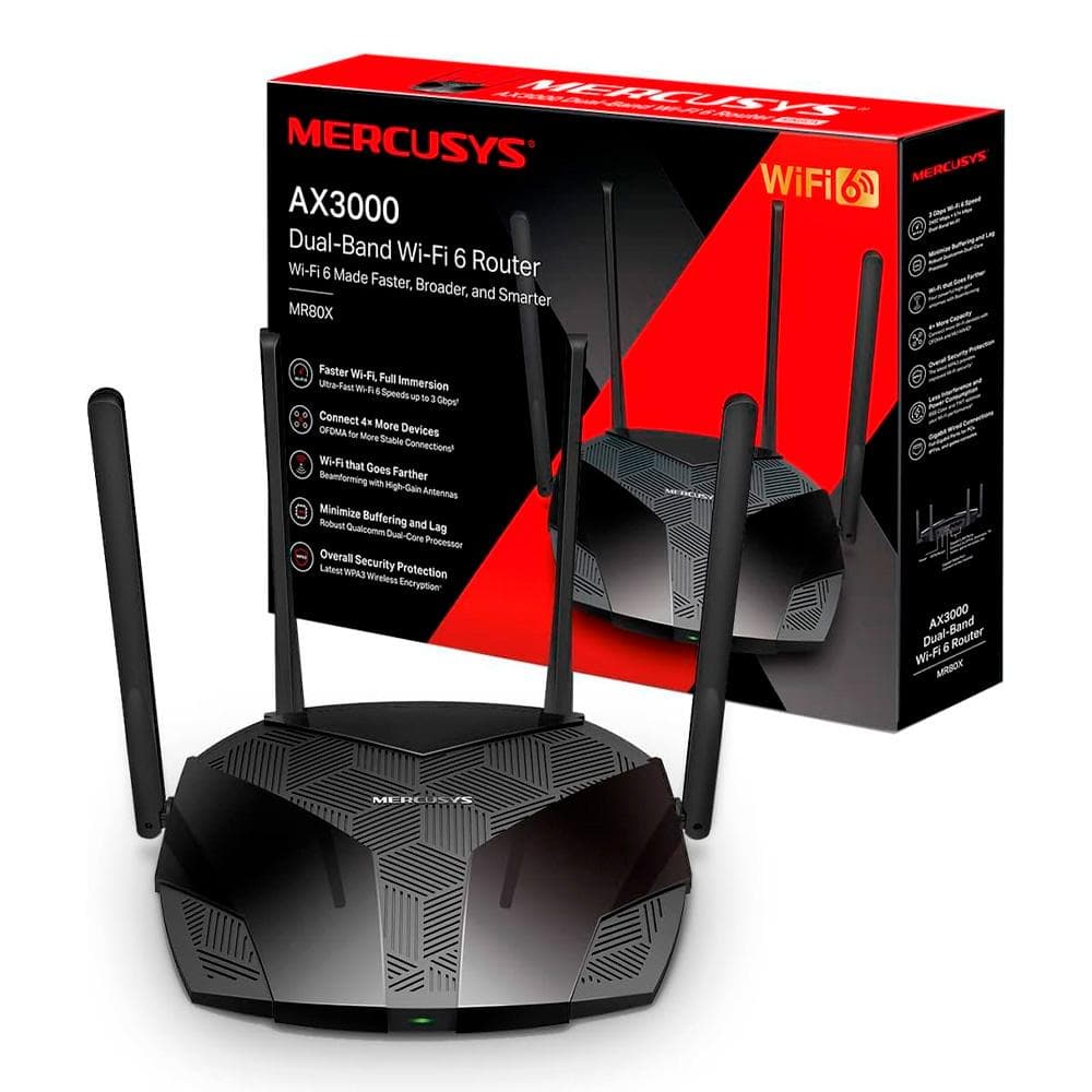 Router MERCUSYS Wi-Fi 6 de doble banda AX3000, 574 Mbps a 2,4 GHz + 2402 Mbps a 5 GHz, 4 antenas externas fijas, 3 puertos LAN Gigabit, vista 1