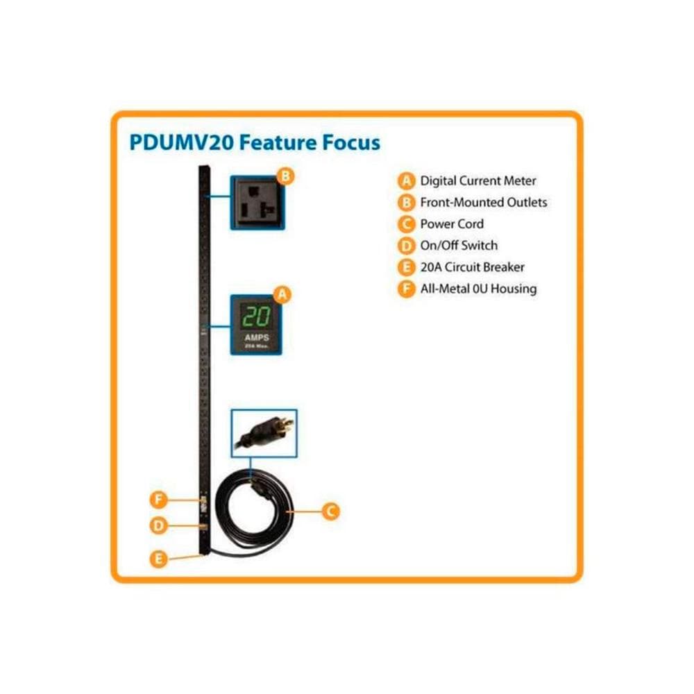 PDU Monofásico con Medidor Digital, 1.9kW 20A 120V, para instalación Vertical de 0U en Rack 28 Tomac, vista 1