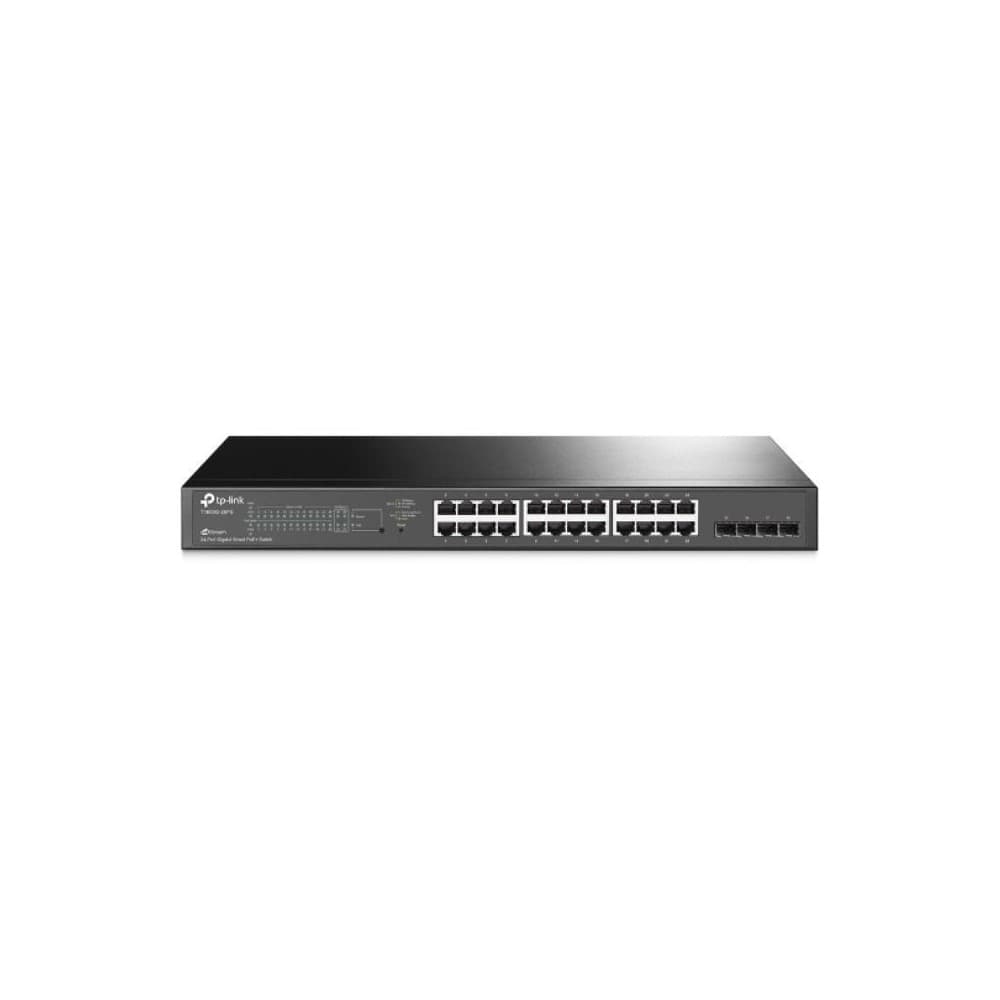 Switch TP-LINK Inteligente JetStream 24-Port Gigabit Smart PoE+ Switch with 4 SFP Slots, vista 1
