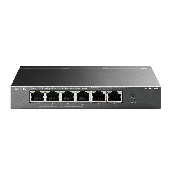 Switch TPLINK No administrable PoE de escritorio de 6 puertos a 10/100 Mbps con PoE + de 4 puertos, 4 puertos PoE + de 10/100, vista 1
